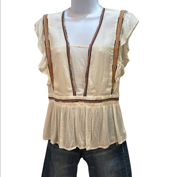 See U Soon Tops - SEE U SOON Boho Style Beige w/Multi Color Cap Ruffled Sleeves & Banded Waistline